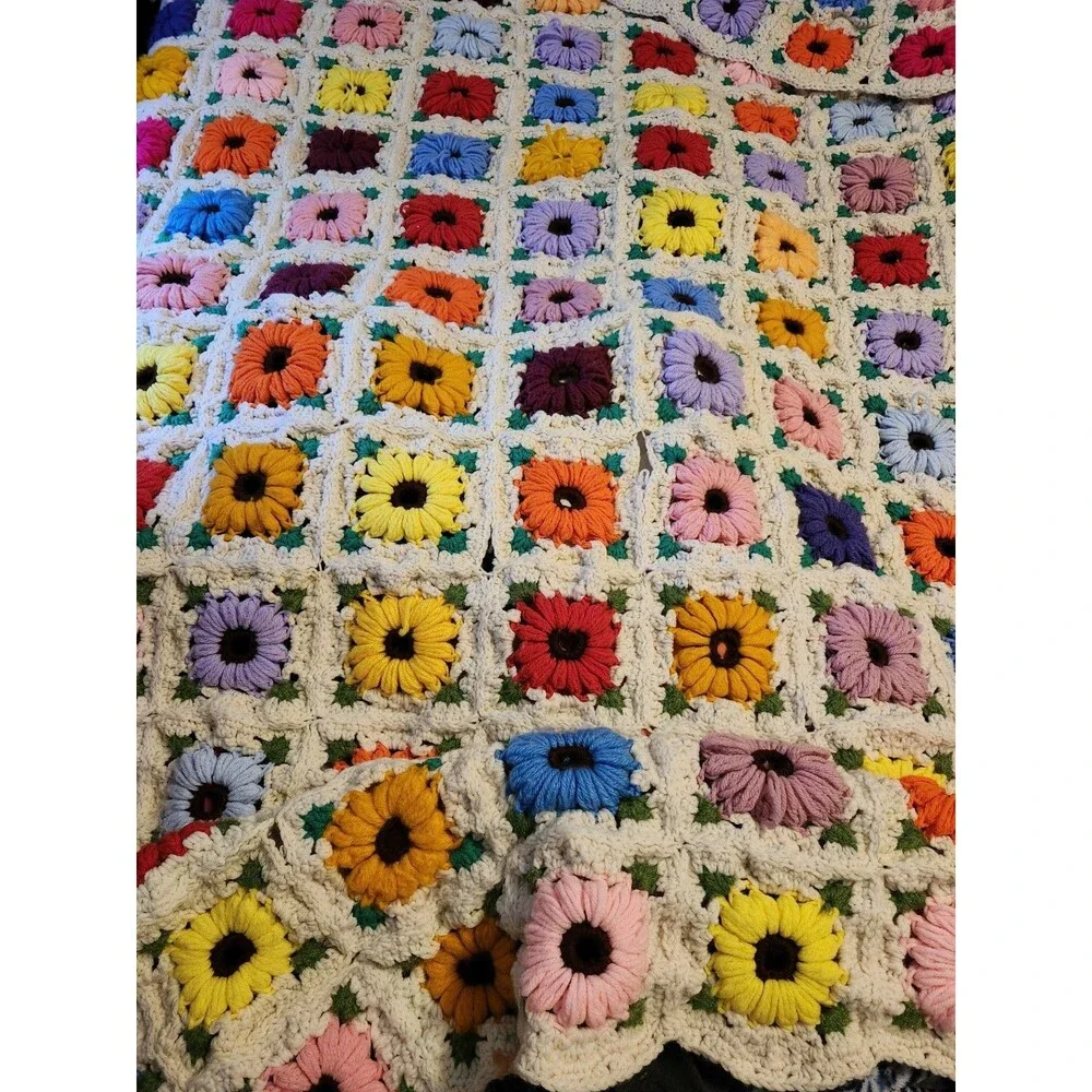 Vintage Crochet Afghan Throw Blanket Brwn unique Gran handmade Boho Hippie 72x75